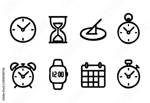 Various clocks and timekeeping devices are displayed in a minimalistic design, showcasing a wall clock, hourglass, sundial, pocket watch, alarm clock, smartwatch, calendar, and stop watch.