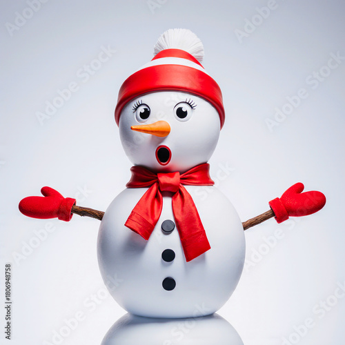 Surprised snowman wearing a red hat and scarf with mittens