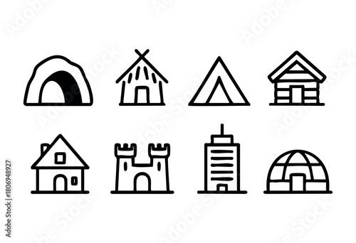 Various shelter types are displayed in clear line art, including a cave, hut, tent, wooden cabin, traditional house, castle, modern skyscraper, and igloo, illustrating global architecture.