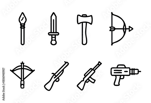 Various weapon icons arranged in a grid include a spear, sword, axe, bow, rifle, machine gun, and a futuristic blaster, illustrating a range of combat styles.