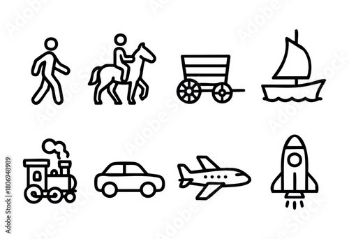 Various modes of transportation are illustrated in simplistic line art. The collection includes walking, horseback riding, vehicles, boats, trains, and rockets.