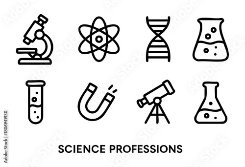 Eight simple icons depict science professions, featuring a microscope, DNA strand, beaker, test tube, magnet, telescope, and atomic structure. These symbols highlight different scientific fields.