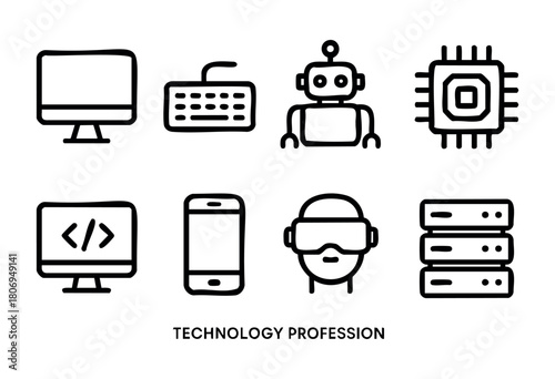 Various icons represent technology professions, showcasing tools like computers, robots, and smartphones. These symbols highlight the diverse roles in the tech industry today.