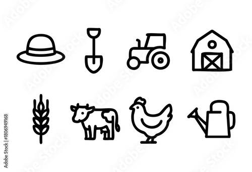 A collection of icons depicting essential farm tools and animals, including a hat, shovel, tractor, barn, cow, chicken, wheat, and watering can, representing everyday farm life.