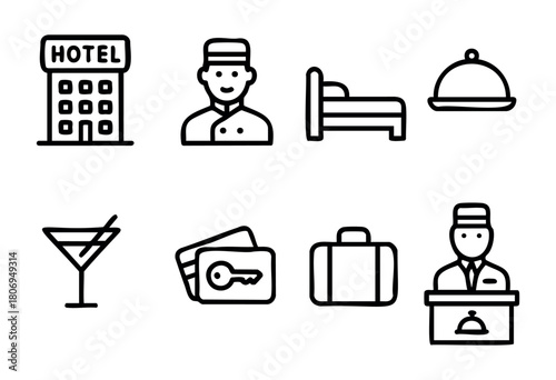 This set of icons showcases hotel-related themes, including a hotel building, bellhop, bed, room service, cocktail, keys, and luggage, highlighting guest experiences and services.