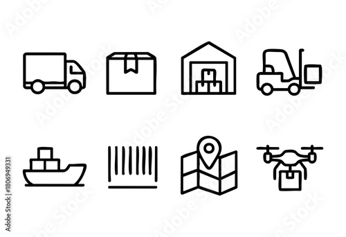 Various icons illustrate essential aspects of logistics, including transportation trucks, packages, storage facilities, and drones for modern delivery solutions.