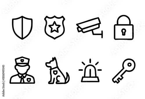 Various icons display elements of security and law enforcement that include a police officer, a dog, a shield, a lock, surveillance camera, and an alarm, all indicating safety measures.