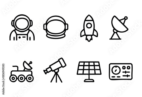 Various symbols highlight key aspects of space exploration, including astronauts in suits, rockets, satellites, and scientific tools used for study and research in space.