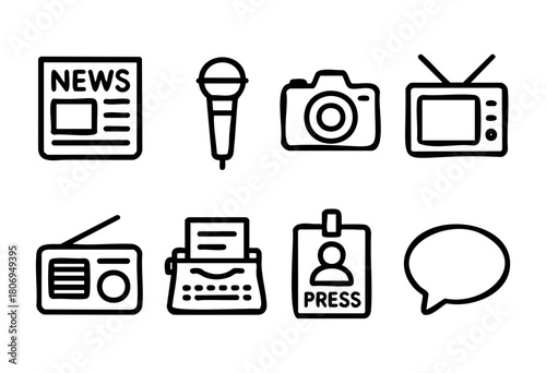 Mic, television, newspaper, camera, radio, typewriter, press badge, and speech bubble illustrate essential tools used in journalism and reporting.