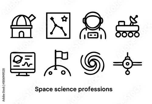 Various icons illustrate space science professions, including observatories, constellations, astronauts, rovers, and data analysis. Each symbol represents a unique aspect of space exploration.