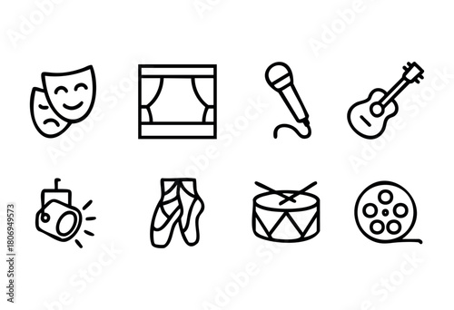 Different icons showcase elements of performing arts, including theater masks, a stage, a microphone, musical instruments, ballet shoes, and a film reel, conveying artistic expression.