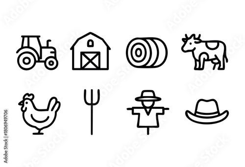 A farm setting features a tractor, a barn, hay bales, a cow, a chicken, a pitchfork, a scarecrow, and a straw hat, representing the essence of agricultural work and countryside living.