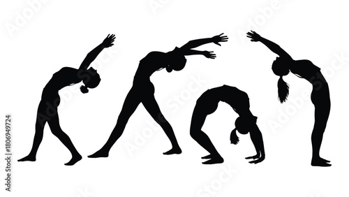 Female yoga and acrobatic poses silhouettes isolated on white background, Vector
