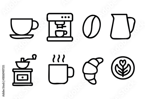 Various coffee making elements are displayed, including a cup, coffee machine, coffee bean, pitcher, grinder, steaming mug, croissant, and latte art.