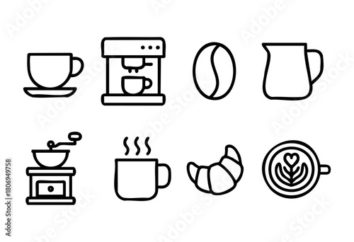 Various icons depict coffee-related elements, including cups, beans, brewing machines, and pastries, illustrating a vibrant cafe culture and brewing art.
