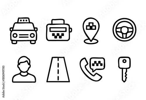 Different icons illustrate key components of a taxi service, featuring a taxi, driver, location marker, steering wheel, phone, road, and car key to depict the industry functions.