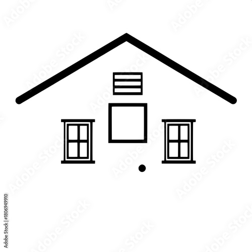 Minimal house emblem featuring a gabled roof with a slight incline, a square door window with a thin frame, and two small left-side windows with identical frame styling, presented in a clean and simpl