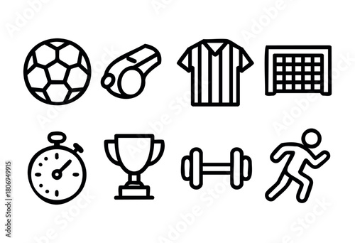 Various simple icons display essential elements of soccer and fitness, including a ball, whistle, jersey, goal, stopwatch, trophy, dumbbell, and runner. Each item represents athletic competition.