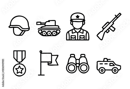 Collection of military-themed icons showcasing elements such as helmets, tanks, soldiers, medals, flags, binoculars, and armored vehicles, reflecting military life and duties.