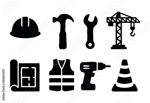 Collection of construction icons shows hard hats, tools, safety vests, and equipment typically used on building sites for safety and project execution.