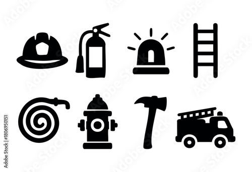 A collection of black silhouettes featuring fire safety equipment. Includes a helmet, fire extinguisher, alarm light, ladder, hose, hydrant, axe, and fire truck.