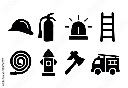 Various firefighting symbols are displayed, featuring a helmet, fire extinguisher, alarm light, ladder, fire hose, hydrant, axe, and fire truck, illustrating essential firefighting equipment.