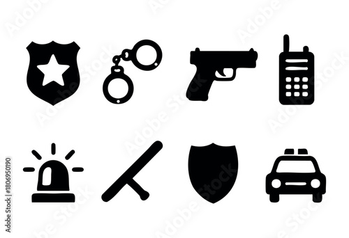 The image displays various symbols associated with law enforcement, including handcuffs, a gun, a police badge, and a police car, illustrating police tools and their functions.