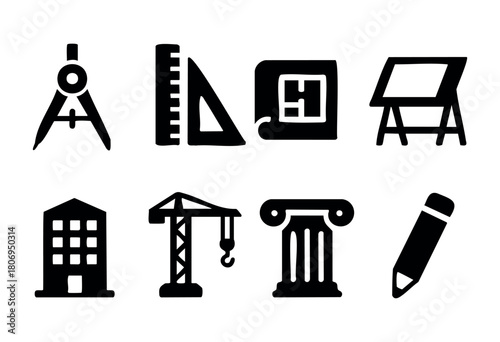 Various black symbols represent tools and elements commonly used in architecture and engineering, including a compass, ruler, building, crane, and pencil, showcasing the design process.