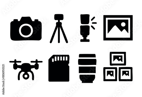 Multiple photography tools are displayed including a camera, tripod, flash, drone, and memory card, showcasing essential equipment for capturing high-quality images.