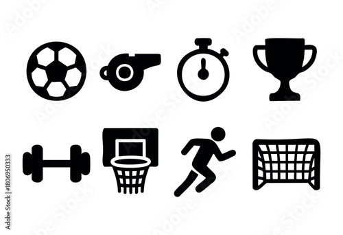 A collection of sports icons presents symbols for soccer, basketball, a stopwatch, and a trophy, suggesting various athletic activities and competitions within team sports.