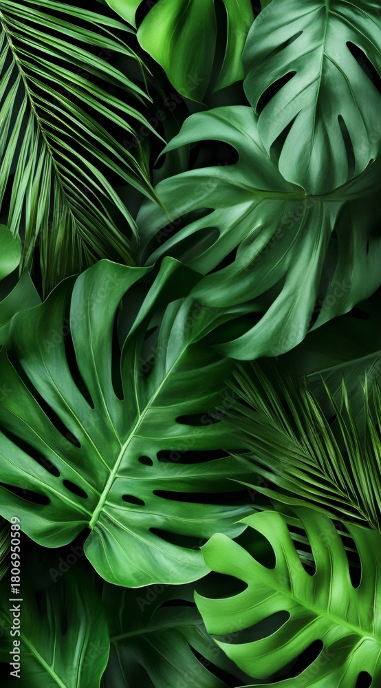 Fototapeta premium Close up of vibrant green tropical leaves showing monstera and palm fronds. Natural wallpaper background for botanical design elements and tropical theme.