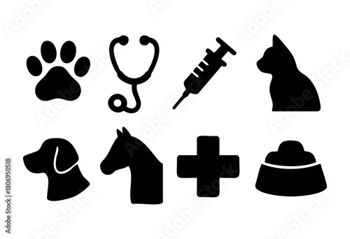 A collection of simple black icons including a paw print, stethoscope, syringe, cat, dog, horse, cross, and pet food bowl, promoting animal health and veterinary services.