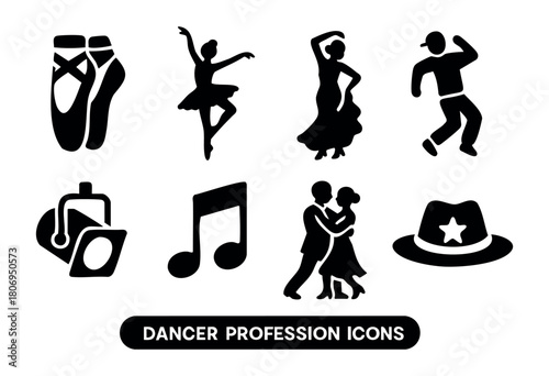 This graphic displays diverse dancer profession icons, featuring ballet shoes, a ballerina, a couple dancing, and musical symbols. The design highlights the beauty of dance.