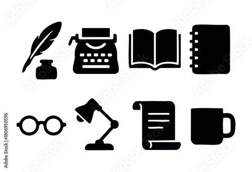 Various writing tools and symbols are displayed, featuring a typewriter, books, glasses, and a desk lamp, embodying creativity and the joy of writing in a workspace.