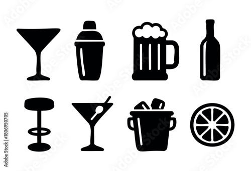 Different drink icons are displayed, including cocktail glasses, a beer mug, a shaker, and citrus fruit. These images showcase common bar items used in mixology.