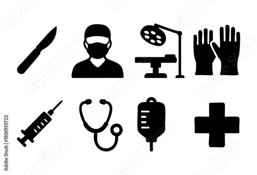 Various medical symbols including a scalpel, a surgeon, an examination table, gloves, a syringe, a stethoscope, an IV bag, and a medical cross illustrate healthcare and surgery.