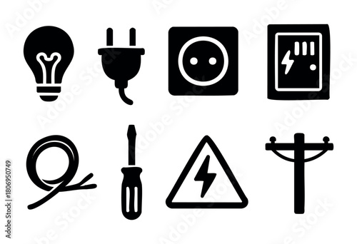 Set of black icons representing electrical items such as light bulbs, plugs, sockets, and safety tools used in home wiring tasks and maintenance.