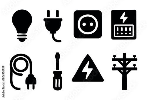 Various electrical symbols are displayed, including a light bulb, plug, outlet, and screwdriver. These symbols represent tools and equipment used in electrical work.