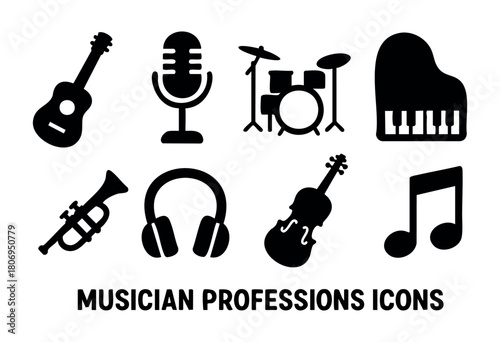 Various musician professions are represented by icons of instruments and audio equipment. Included are a guitar, microphone, drums, piano, trumpet, headphones, violin, and a music note.