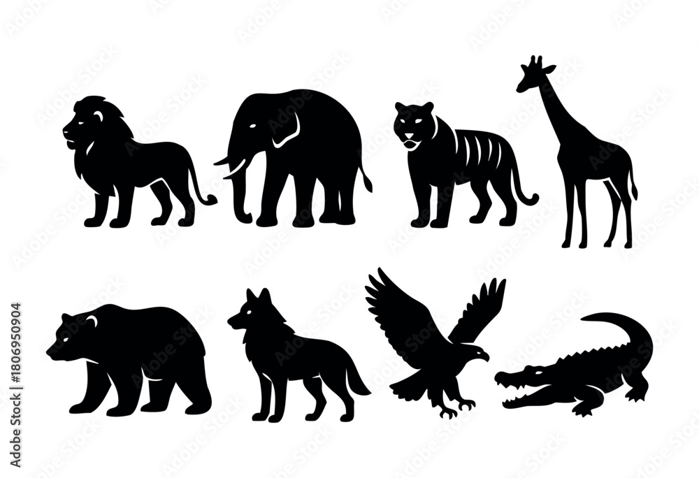 Fototapeta premium Silhouettes showcase a lion, elephant, tiger, giraffe, bear, wolf, eagle, and crocodile, illustrating the rich variety of wildlife and their distinct shapes in natural settings.