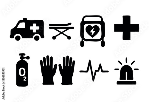 Various essential medical symbols depicting an ambulance, stretcher, oxygen cylinder, gloves, a heart monitor, and a first aid symbol for emergency services.