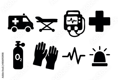 This collection displays essential emergency medical symbols and equipment, including an ambulance, stretcher, defibrillator, and medical cross for quick recognition in healthcare settings.