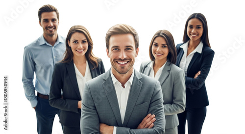 Confident male leader smiling at the camera with his diverse team behind him, isolated on transparent background