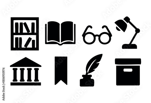 Various black icons depict elements of a library including books, glasses, a lamp, a quill, and more, symbolizing the importance of learning and knowledge sharing.