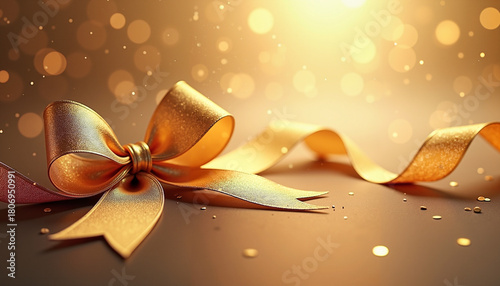 Golden ribbon bow with confetti and warm bokeh, festive celebration on soft glowing background