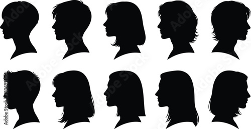Silhouette profiles of diverse men and women, black vector heads, side view portraits, hairstyle variety, human face outlines for design