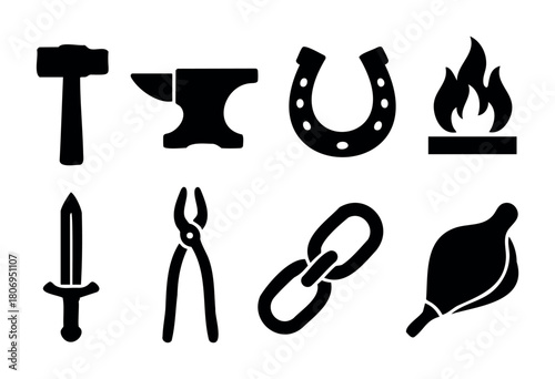Various blacksmithing tools and symbols are displayed, including a hammer, anvil, horseshoe, flame, sword, pliers, chain, and a leather piece. These items represent metalworking activities.