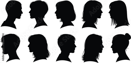 Silhouette profiles of diverse men and women, black vector head icons, side view portraits, hairstyle variations, human face outlines for design use