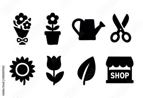 Several black silhouettes depict a variety of gardening elements, including flowers in pots, watering cans, scissors, and a shop, illustrating the beauty of plant care.