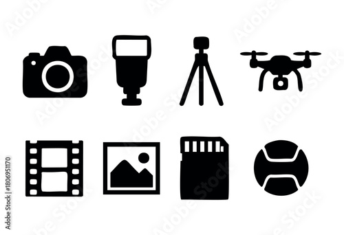 A collection of photography tools is presented, showcasing a camera, tripod, flash, drone, film, image, memory card, and a lens cap, highlighting essential gear for capturing moments.
